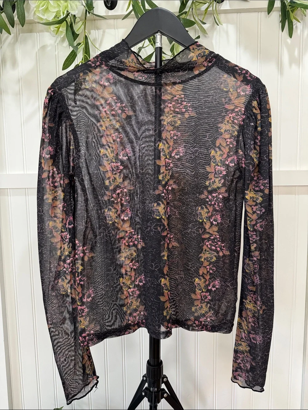 #395 FREE PEOPLE Amber Black Mesh Floral Mock Neck Top w Pink & Gold - Picture 3 of 6